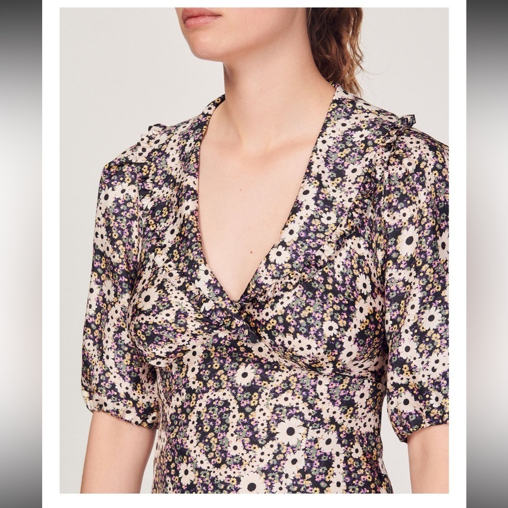 NWT SANDRO 100% Silk V-Neck Dress Size 38 (US 6) - Picture 2 of 13